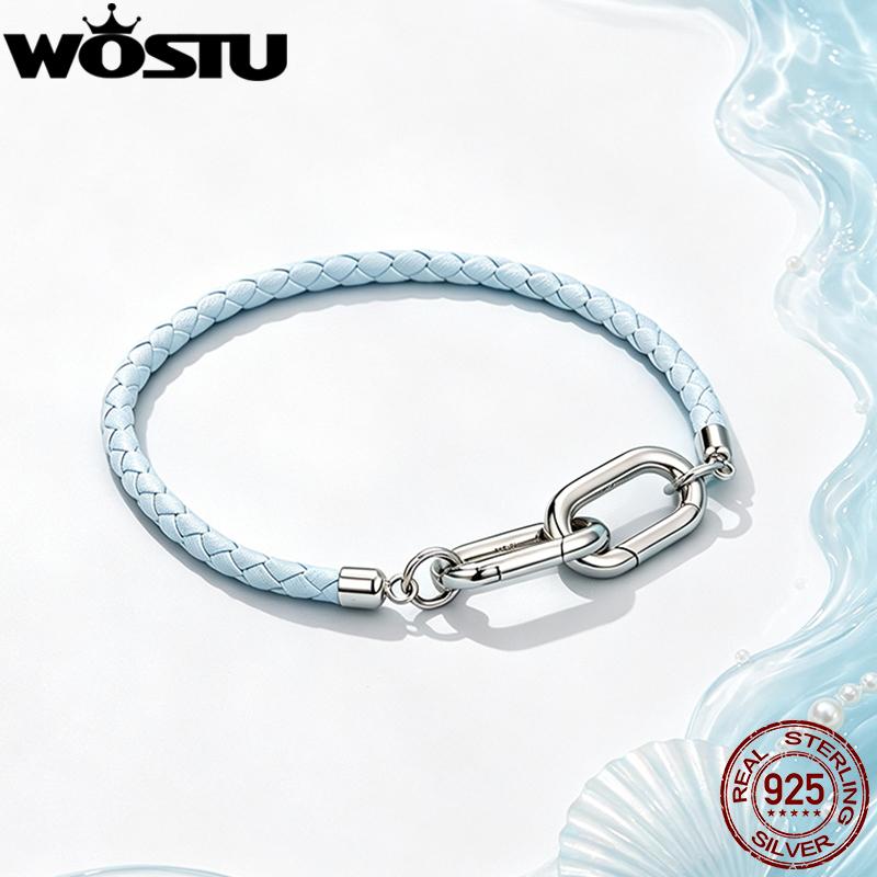 WOSTU DIY 925 Sterling Silver Leather Bracelet Light Blue Braided Rope with Interlocking Clasps Fit For Charms Bead for Women