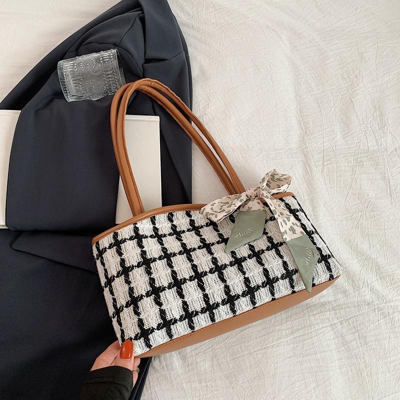 

2025 новая большая сумка большая вместительная женская сумка ретро холст клетчатая студенческая сумка одно плечо портативная женская сумка сумка-тоут коричневый