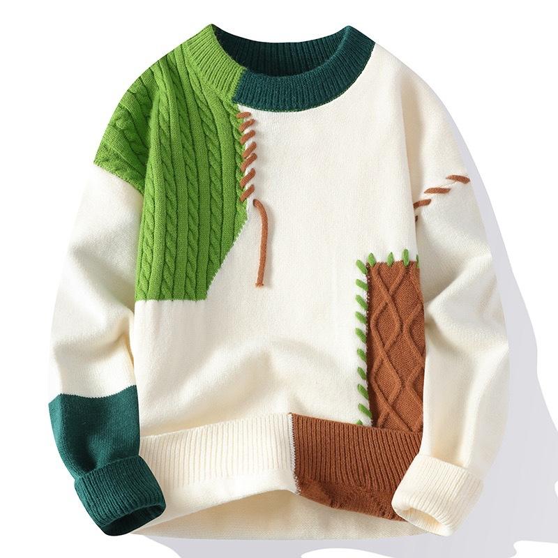 Men's Thermal Sweater Splicing Contrasting Color Teen Student Knitted Bottoming Shirt