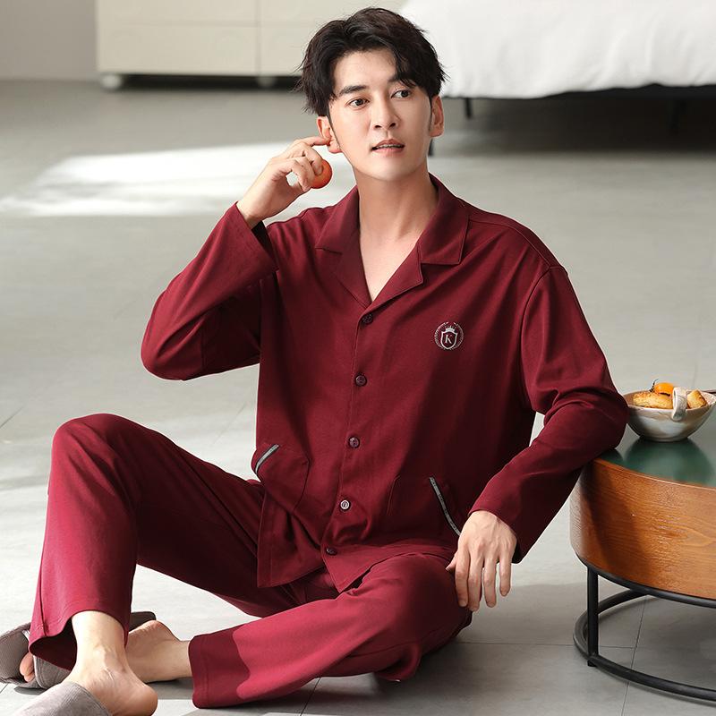 Jujube Pajamas Men'S Spring And Autumn Pure Cotton Long-Sleeved Large Size Fattened Autumn And Winter Loungewear Set