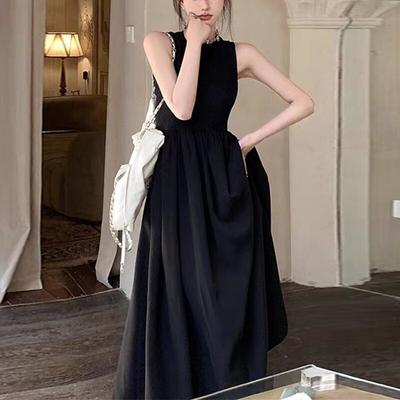 Summer Office Lady Tank Top Dress Vintage Sleeveless Black Dresses Women High Waist Elegant Solid Backless Long Dress 28138