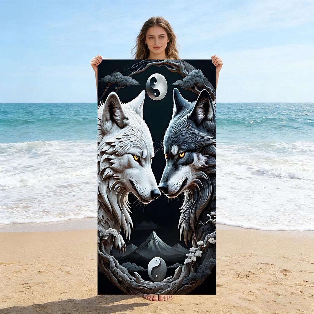 

1PC Double Wolves Tai Chi Beach Towel Quick-drying Towel Suitable for Seaside Pool Camping Vacation Yoga For Family Friends W30*H60(CM)