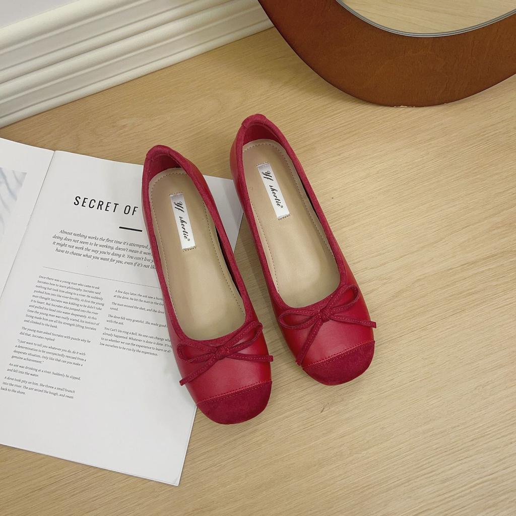 Inner Height Increase of 5 Cm~ Sweet Square Round Head Small Man Silver Light Mouth Bow Ballet Shoes Single Shoes