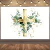 2D Religious Cross Banner, Eucalyptus Leaves Backdrop for Party and Church Decor