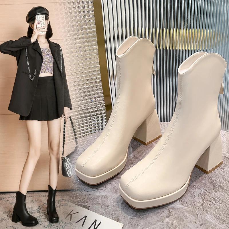 Fashion Plus Size 43 Women Victorian Ankle Boots Leather Lace Heel Shoes for Women Lace Up Spliced Fashion Ladies High Heels Woman Boots