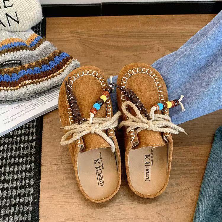 Retro Bobo Shoes Half-drag Autumn New One-pedal Bohemian Matte Leather Thick-soled Bag Head Cool Slippers