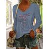 Dragonfly Print Women's Autumn/Winter Top, Daily Versatile Casual Fashion Color V-Neck Long Sleeve T-Shirt