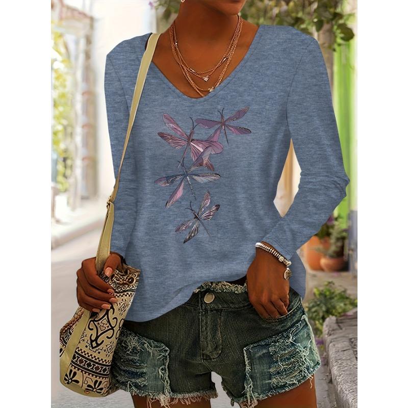 Dragonfly Print Women's Autumn/Winter Top, Daily Versatile Casual Fashion Color V-Neck Long Sleeve T-Shirt