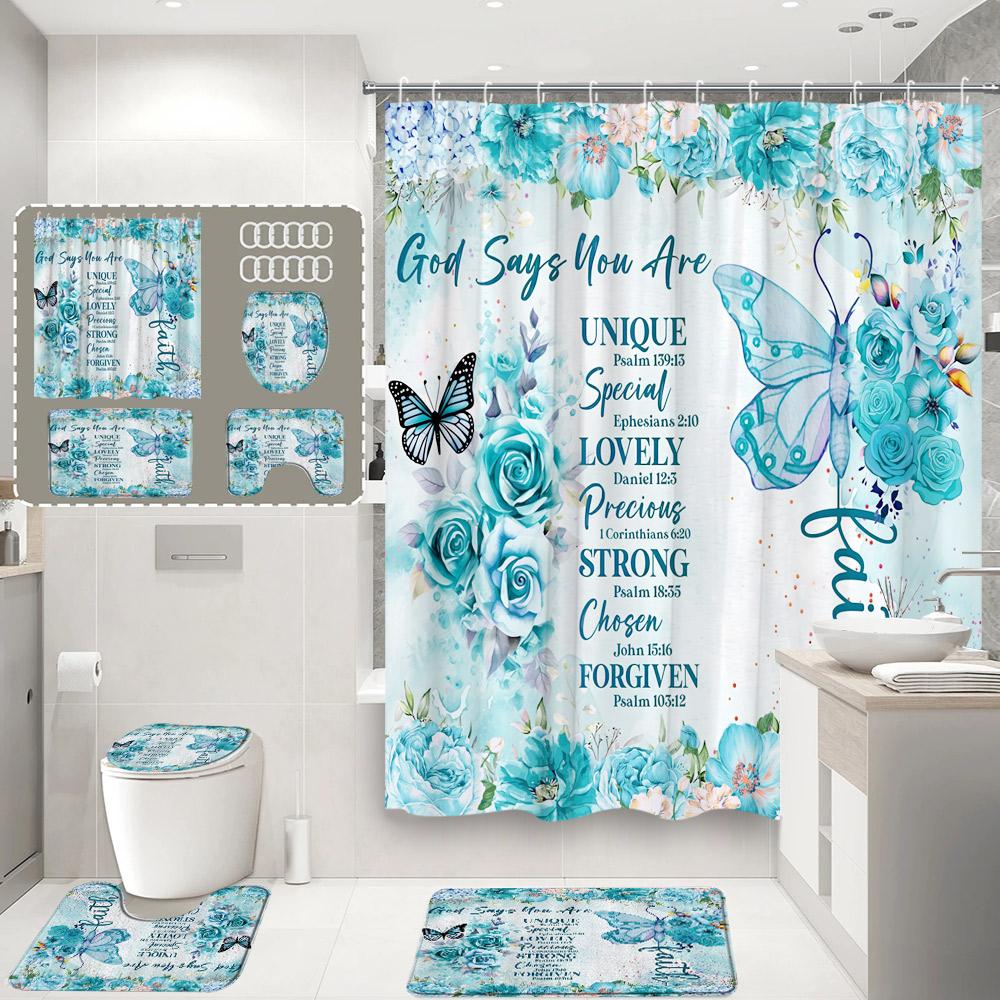 Purple Floral Butterfly Shower Curtain Set Watercolour Roses Flowers Butterflies Home Bathroom Decor Bath Mats Toilet Lid Cover