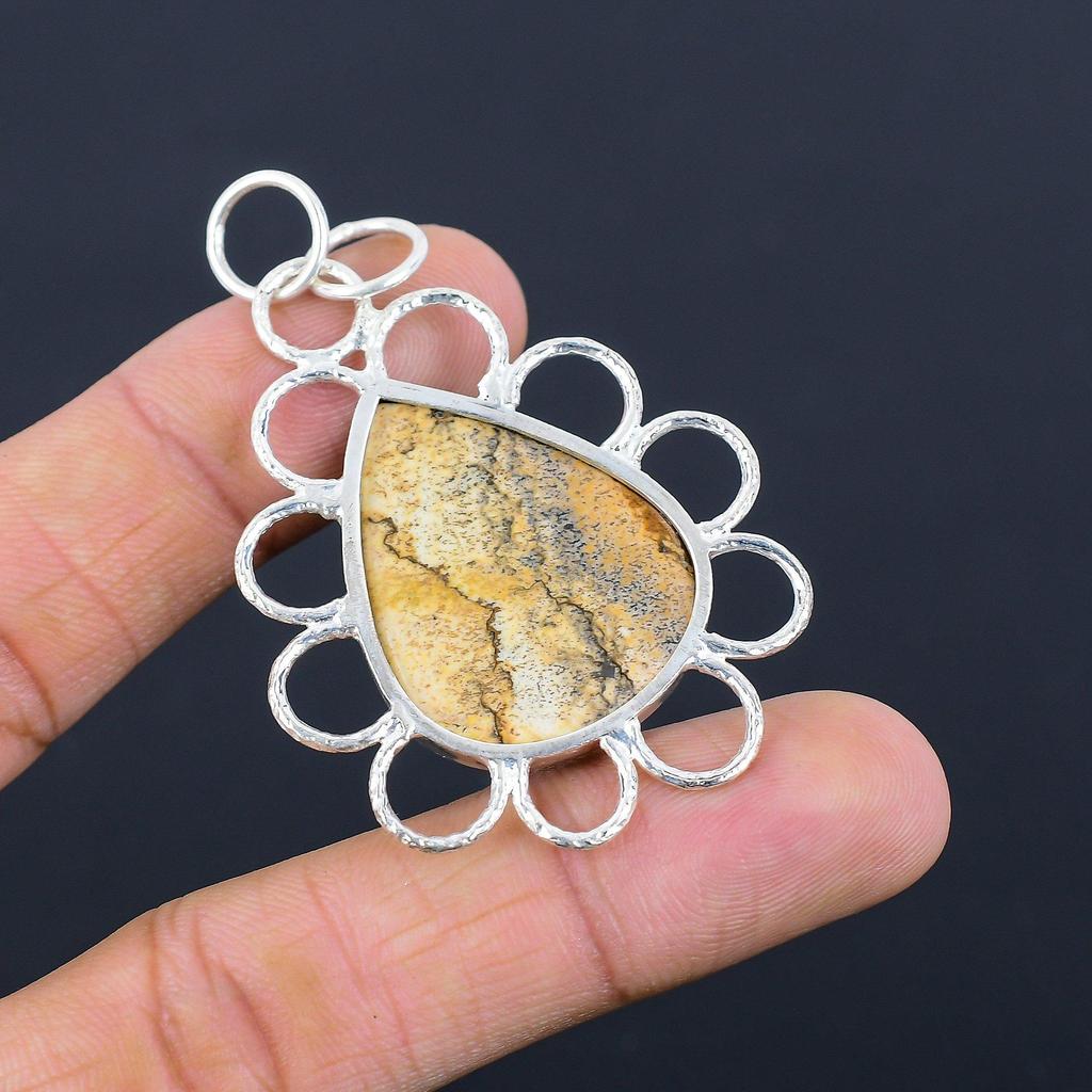 925 Sterling Silver Pear Picture Jasper Stone Bezel Trendy Boho Pendant Jewelry