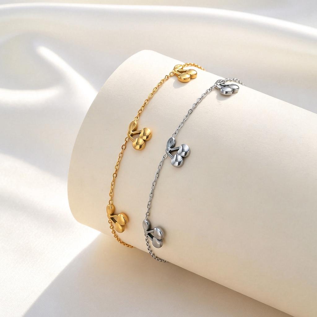 Dainty Cherry Anklet, 18K Gold PVD Stainless Steel, Waterproof Anti-Tarnish Charm Ankle Bracelet for Summer Foot Jewelry