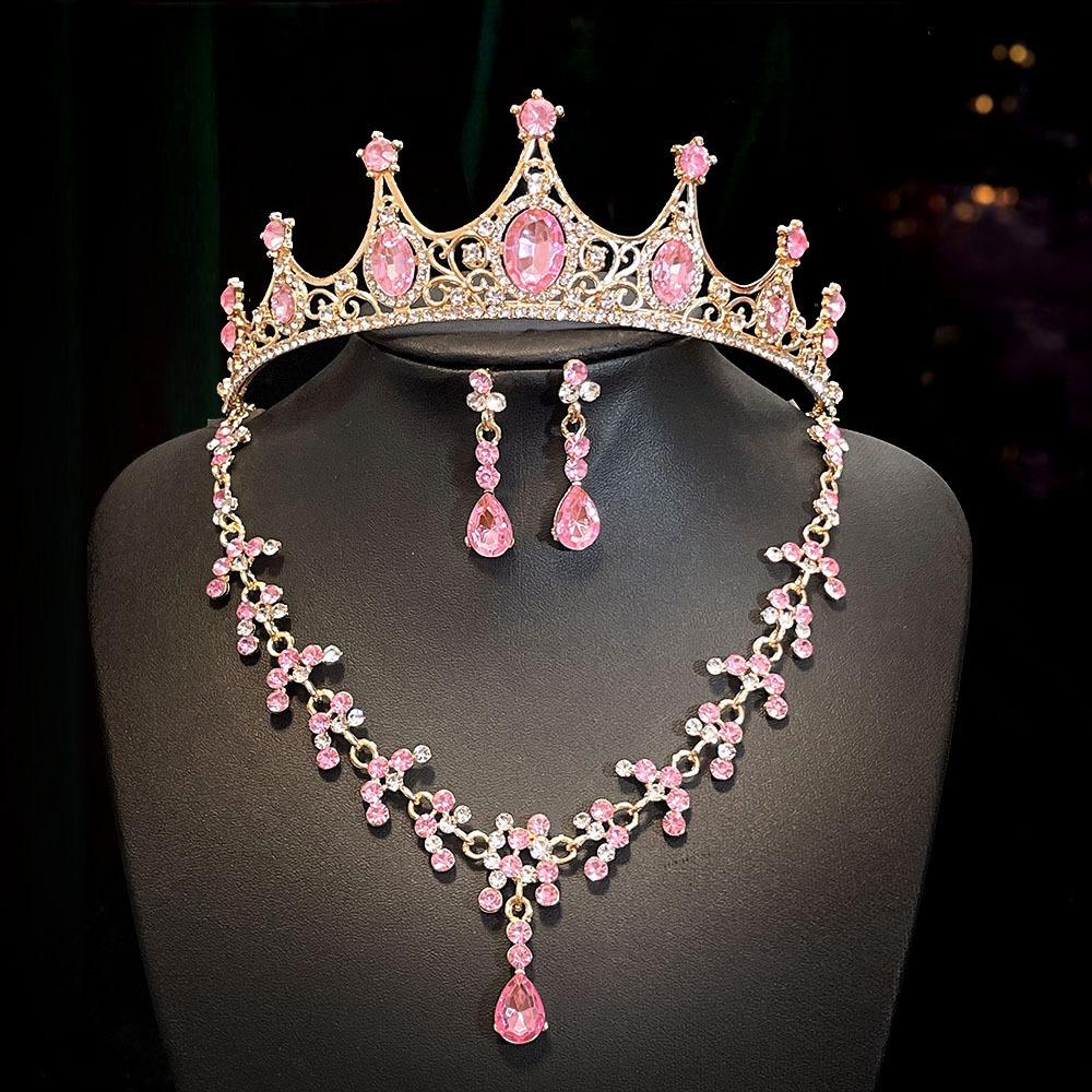 Retro Rhinestone Crown Headwear Three Piece Set Fashionable and Super Shiny Bride Headwear Set Birthday Crown Necklace for Women