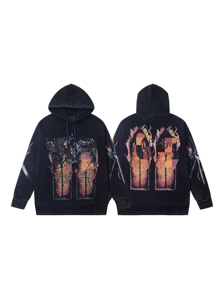 American High Street Washed Print Loose Casual Hoodie Sweatshirt for Couples