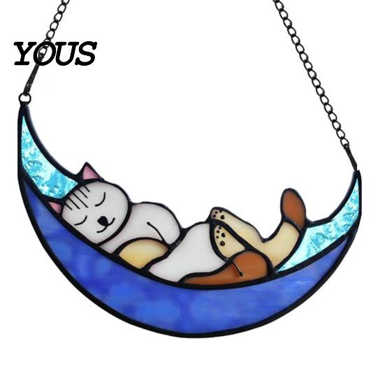 Decorative Hanging Ornament Acrylic Cat Pendant with Chain, Animal for Window Crescent Wall Decor, Cute Lover Gift Home Room Decoration Light
