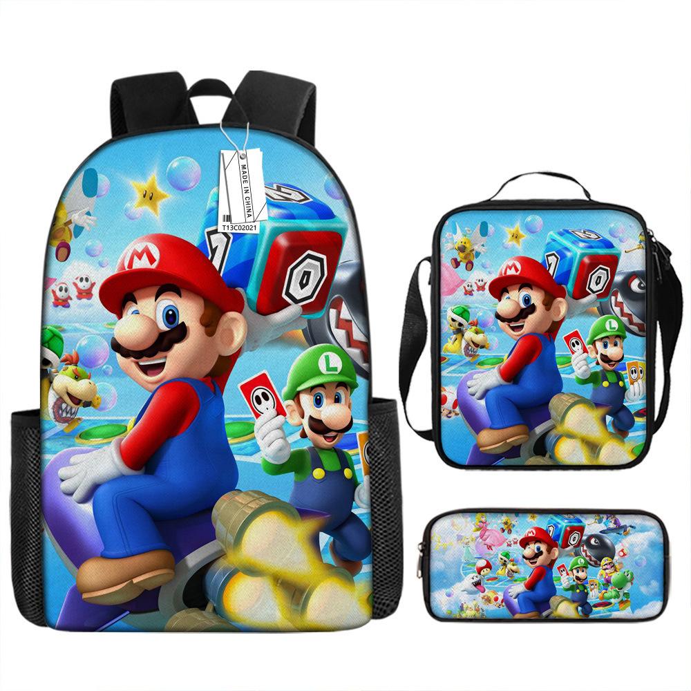 New Super Mario Trend Backpack Retro Mario Schoolbag 3-Piece Set with Pencil Case