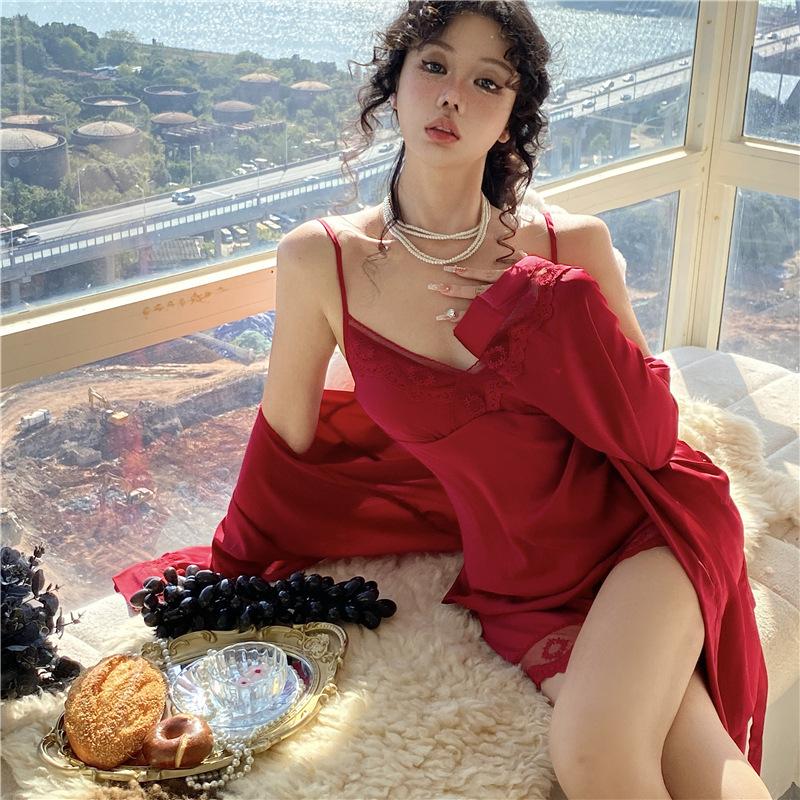 Spring and summer women s ice silk deep V sexy lace suspender shorts nightgown three-piece loungewear set m 42.5-55kg