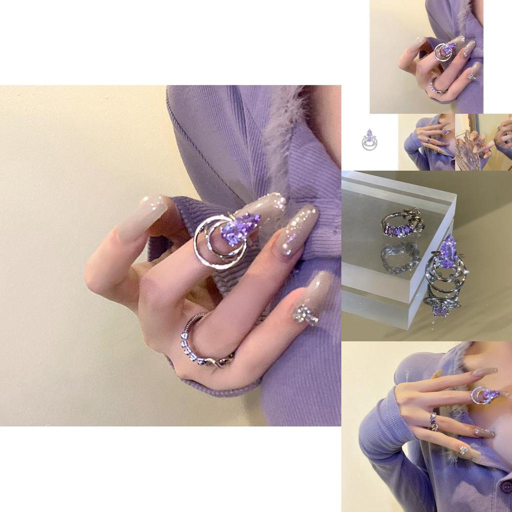 Irregular Purple Water Drop Rhinestone Zirconia Chain Ring For Women Stylish Fashion Accessory