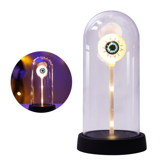 LED Clear Dome Eyeball Night Light Creepy Light-up Eyeball in Cloche with Wooden Base for Home Kitchen Tabletop Mentel Shelf Decor