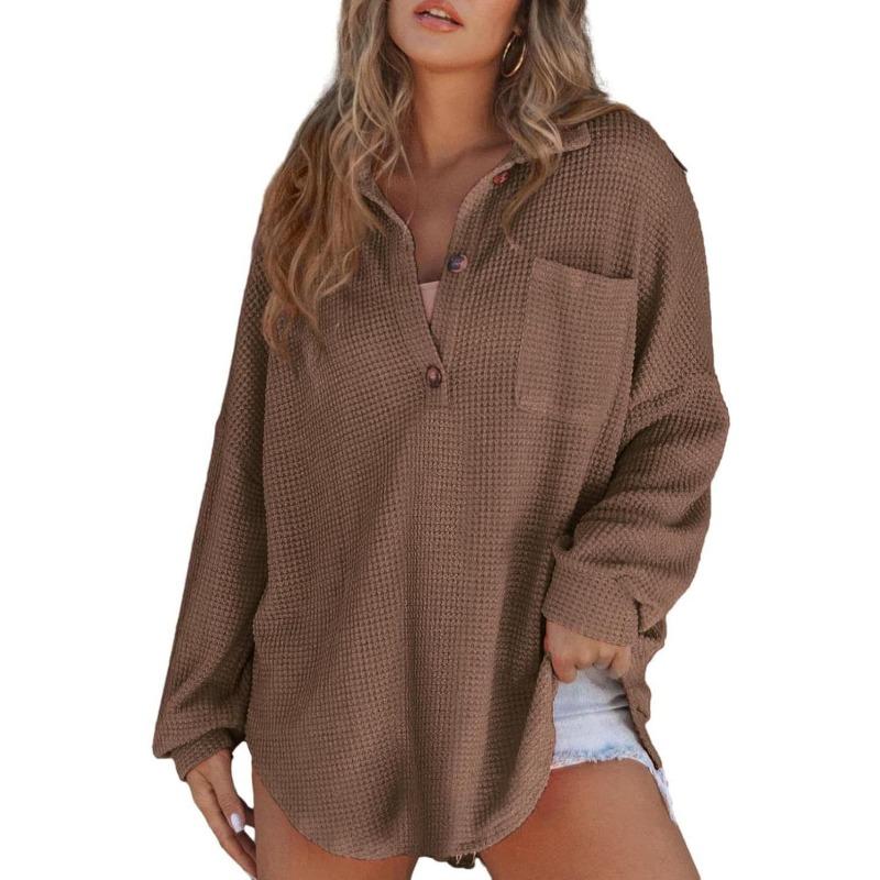 DAFIFY Women's Fashion Casual Spring Autumn Solid Color Print Long Sleeve POLO Neck Blouses & Shirts