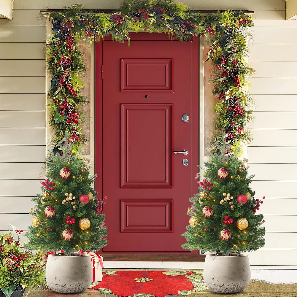 2Pcs Christmas Tree with Tripod Stake Pre Lit Christmas Planter Bushes Battery Operated Holiday Planter Filler for Home Decor