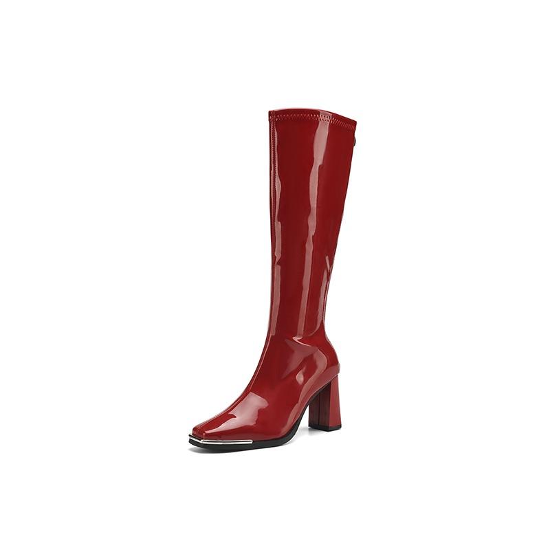 Fashion Red Patent Leather Knee High Boots 8cm High Heel Bar Stage Boots 35-42 Square Head Long Boots Autumn Winter Women Party Shoes