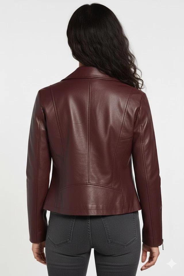 Handmade Soft Stylish Women's Biker Burgundy Lambskin Leather Motorcycle Jacket