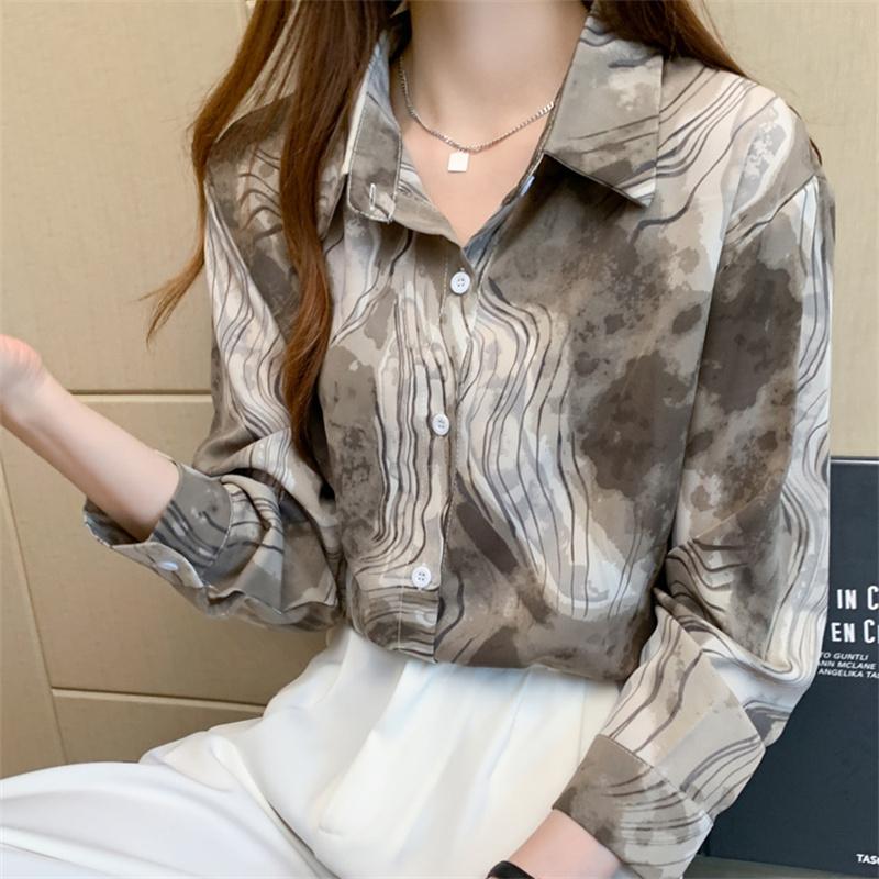 Jarní volné Dámská košile Ink Splash Print Košile s dlouhým rukávem Dámská košile s dlouhým rukávem Zapnout Neck Blusas Mujer De Moda 2022