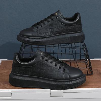 Leather Casual Shoes Men  New Lace-up Thick Sole Casual Sneakers Versatile Leather Muffin Shoes Elevated Male Board Footwear