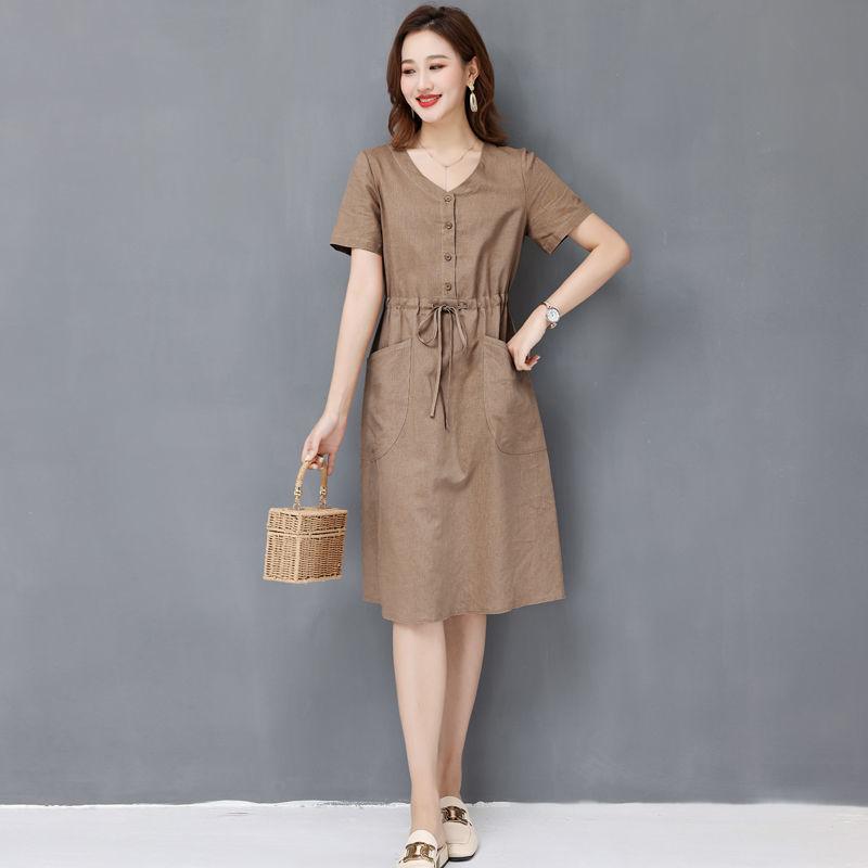 Robe coréenne élégante ample simple pour femme, mode intellectuelle, décontractée, manches courtes, poches, cordon de serrage