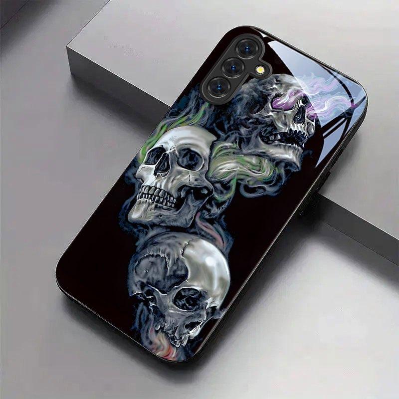 Colorful Smoke Skull Pattern Black Glass Phone Case for Samsung Galaxy S26 S25 S24 S23 S22 S20fe/plus/ultra Hard Case Back Cover