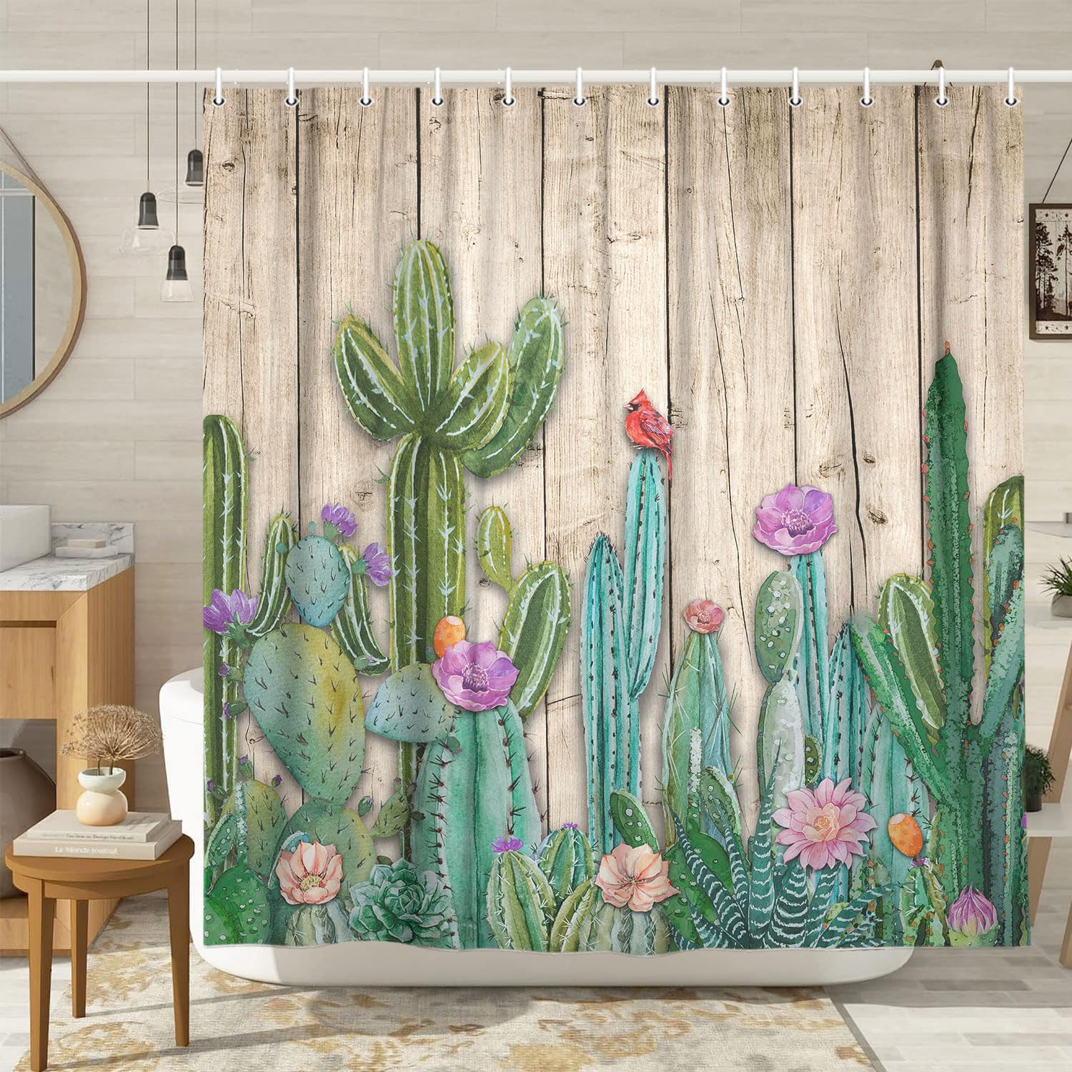 

Cactus Shower Curtain Tropical Plant Green Leaf Succulent Pink Flowers Rustic Gray Wooden Barn Door Shower Curtains Southwestern W60H190(CM)-1 Pcs