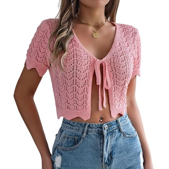 Women Crochet Tops Short Sleeve Lace-up Hollow Design Knitting Tops Sun Protection Summer Vacation Tops