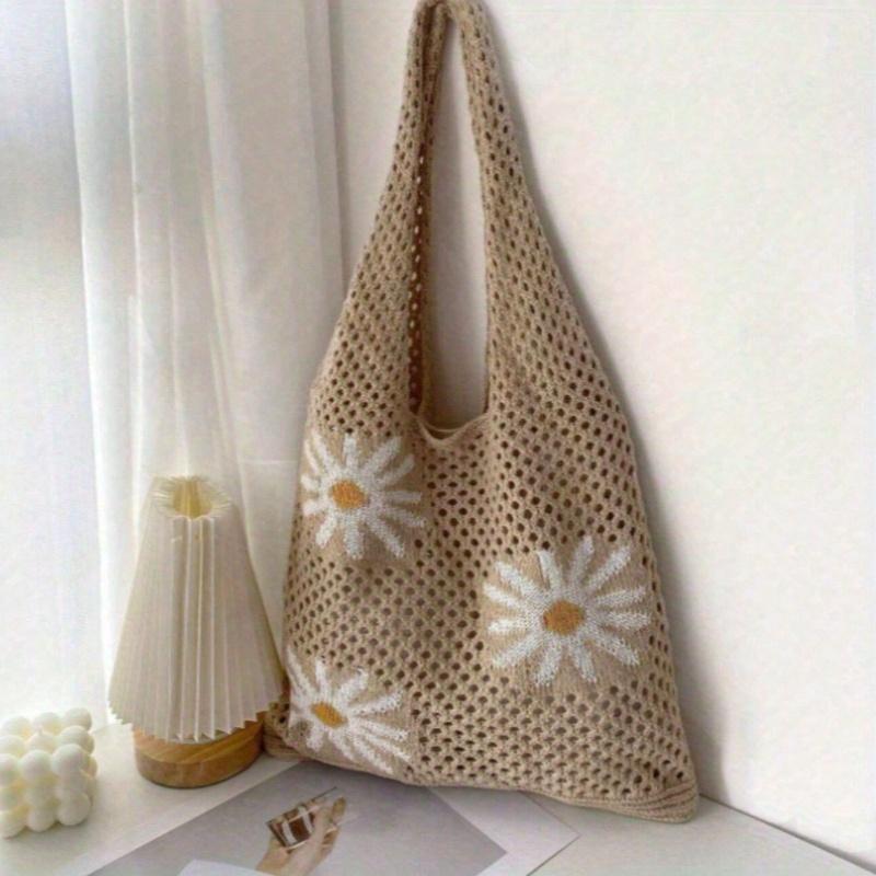 

Вязаная сумка-тоут большой вместимости с цветочным узором - Модный дизайн Y2K, Подкладка из мягкой ткани, Принт хаки