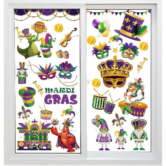 9 Sheet Mardi Gras Window Clings Mardi Gras Party Decorations Carnival Mask Fat Tuesday Lobster Reble Window Stickers Double-Sided for Masquerade