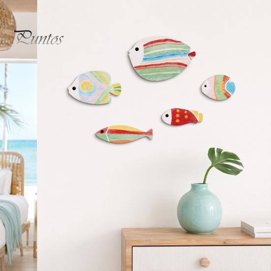 Ocean Theme Wall Art 5Pcs Wooden Fish Decor, Rainbow Striped Tropical Ornaments with 3D Kids Room Decoration Embossed Texture, Lightweight Coastal