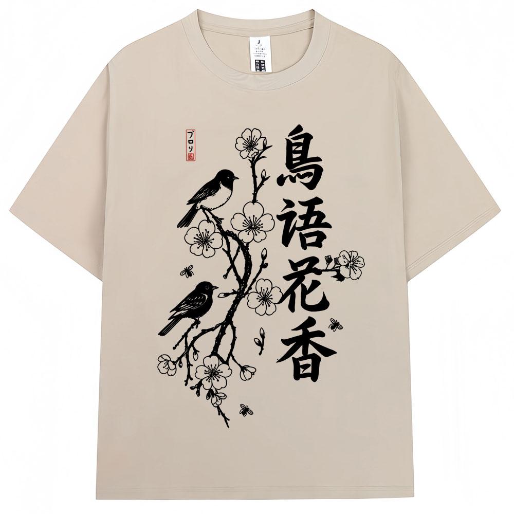 Japanese Style Bird on Sakura Cherry Blossom Print Tshirts Men Women Fashion Harajuku T Shirts Oversized Cotton Casual Tshirt