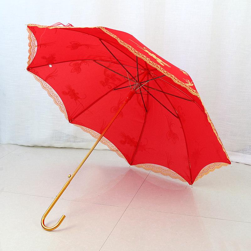 Elegance Red Wedding Lace Umbrella: Long Handle, Sun & Rain Protection for Brides