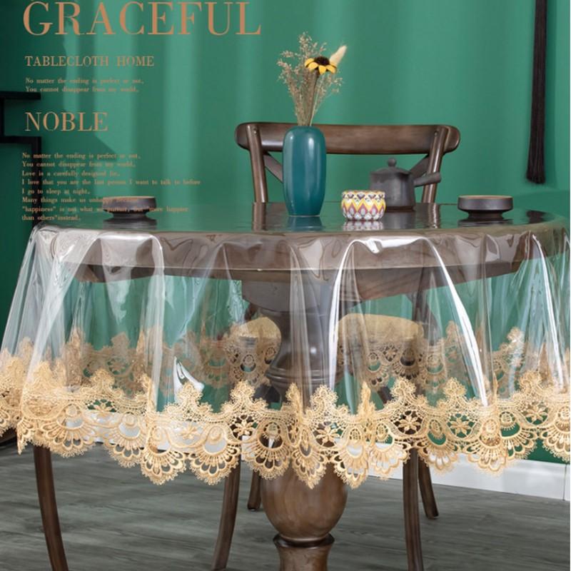 Lace Embroidered Round Tablecloth Soft PVC Clear Double Layered Table Cover Dust-proof and Easy To Clean Dining Table Mat Waterproof Cushion Cover
