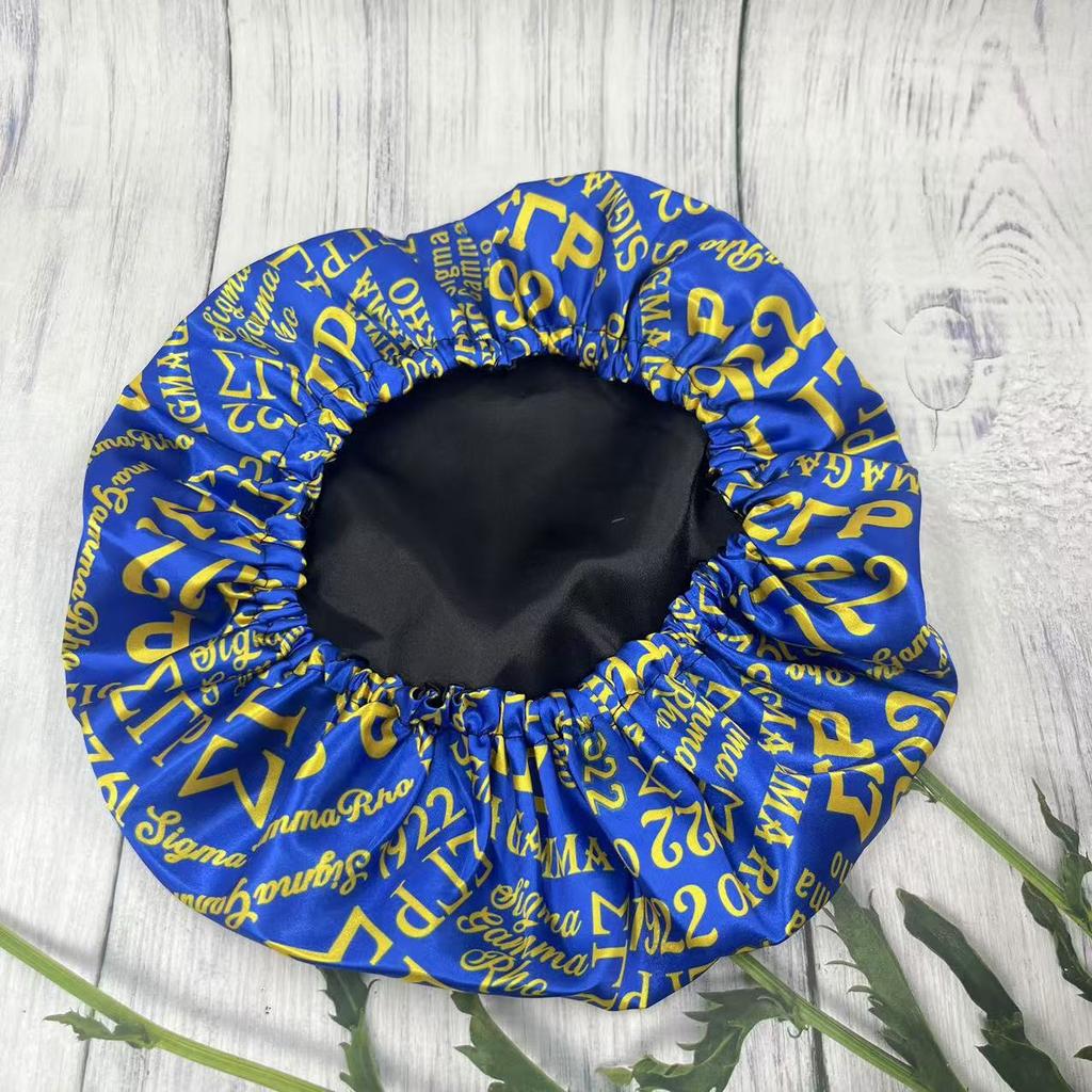 Sigma Gamma Rho Yellow Color Blue Greek Letter Campus Sorority Hair Stain Bonnets 1922 SGRho Letters Night Sleep Hat for Lady