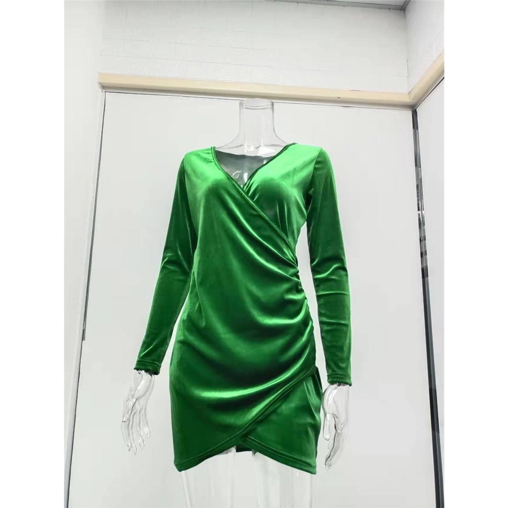 Women's elegant solid color long-sleeved V-neck sexy short dress clothes sale