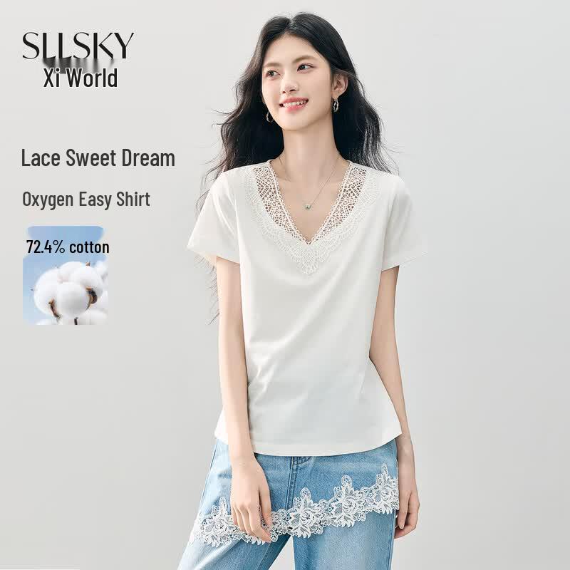 Women s Lace Trim V-Neck Spliced Short-Sleeve T-Shirt M лунный белый