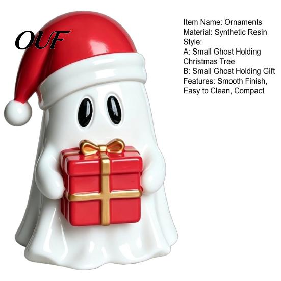 Versatile Holiday Party Supplies Christmas Ghost Resin Figurine, Cute with Santa Hat Holding Gift Box Modern Minimalist Decor & Tree, Tabletop