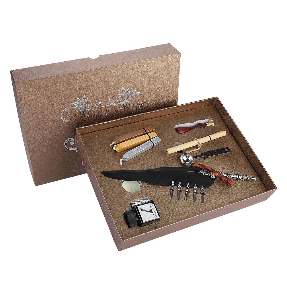 Retro Quill Feather Writing Pen Gift Box with Empty Ink Bottle Quill Set for Friends Black