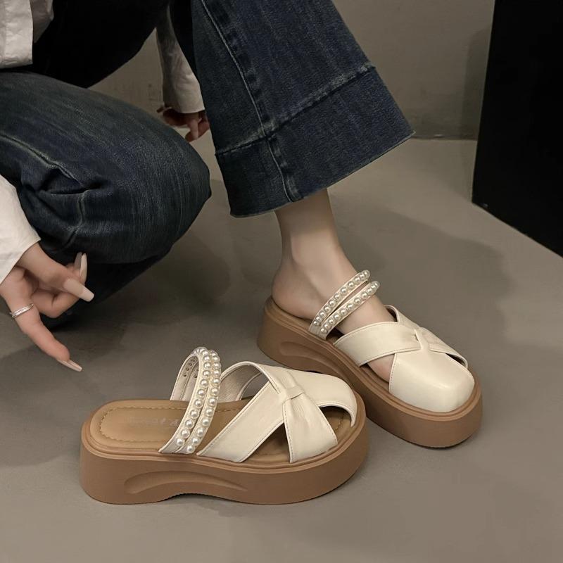 High-end Silver Two-wear Hollow Bag Head Half Slippers Women's 2025 Summer Wear with Skirt Pearl One-pedal Sandals