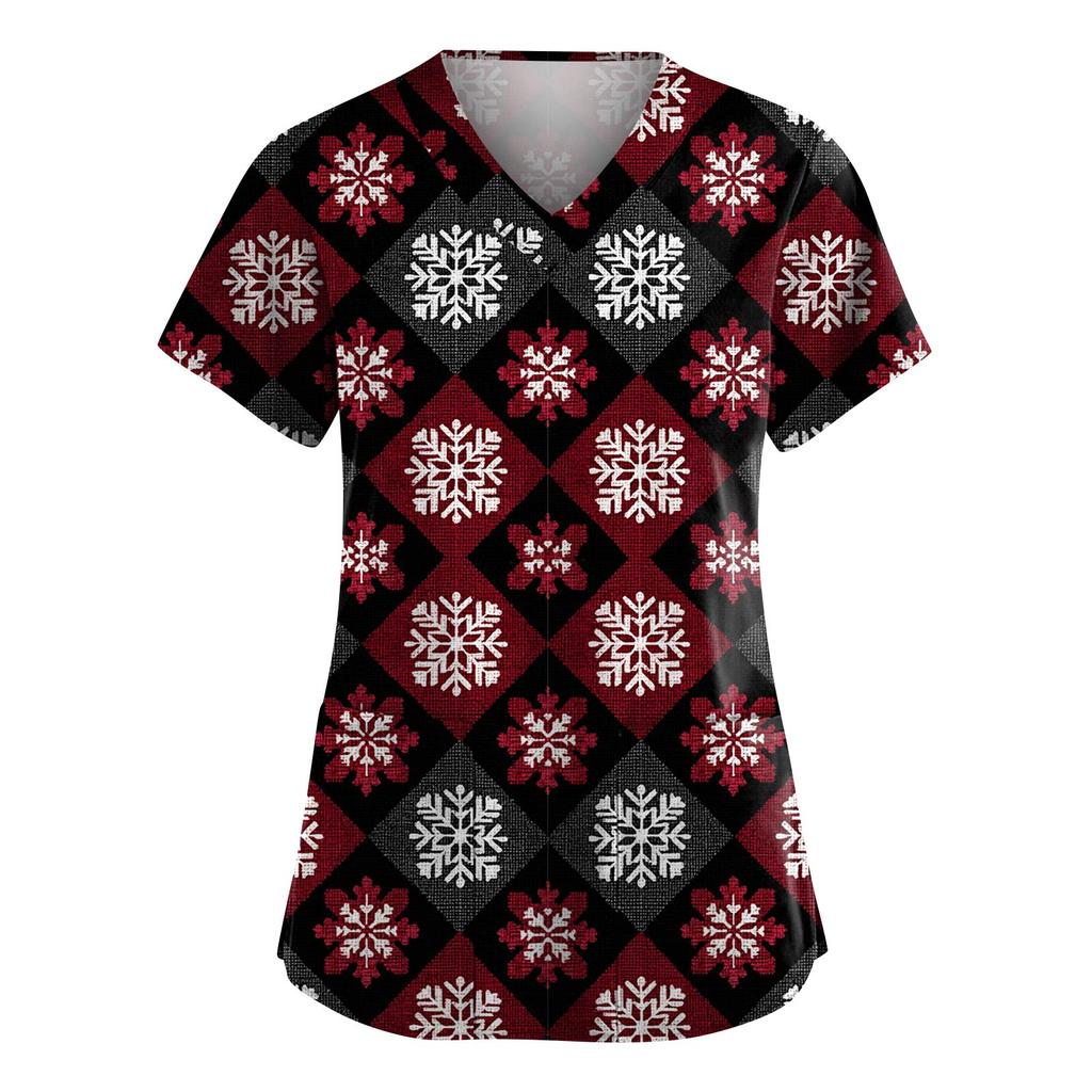 Women's Fashion V-Neck Short-Sleeved Workwear With Pockets Christmas Print Top Caregiver Uniform