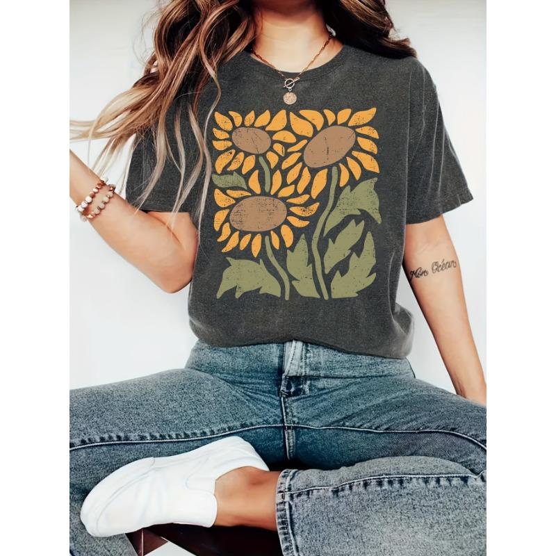Women s T-shirts, vintage floral T-shirts, wildflower T-shirts, bohemian T-shirts, botanical print T-shirts, sunflower lover gifts S
