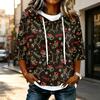 Women's 3/4 Sleeve Hooded Christmas Character Print T-Shirt, Casual Holiday Top