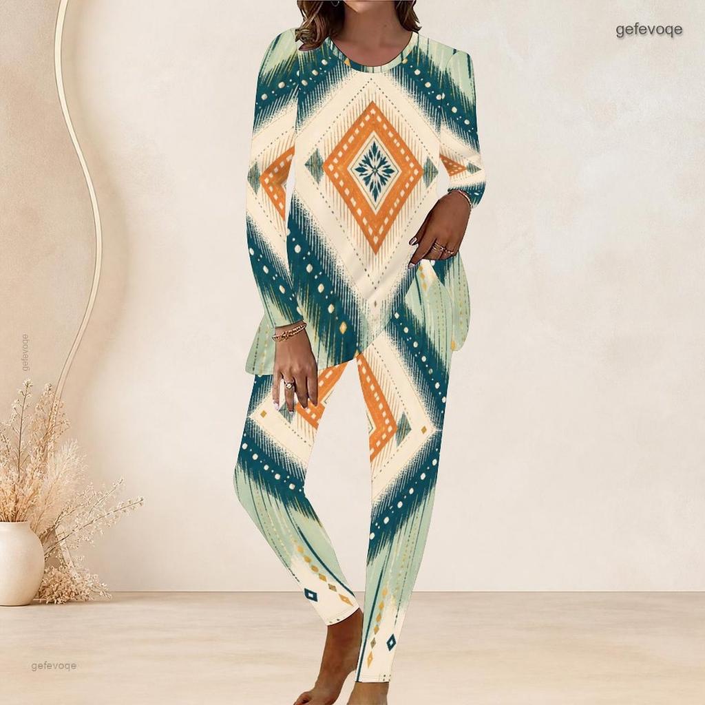 Women Plus Size Round Neck Long Sleeve Printed Longline Top Fitted Pants Two Piece Set