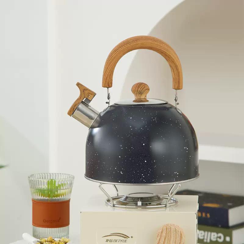 Bouilloire à sifflet, Théières pour cuisinière en acier inoxydable de qualité alimentaire avec motif bois Poignée pliable, Bouilloire à sifflet fort