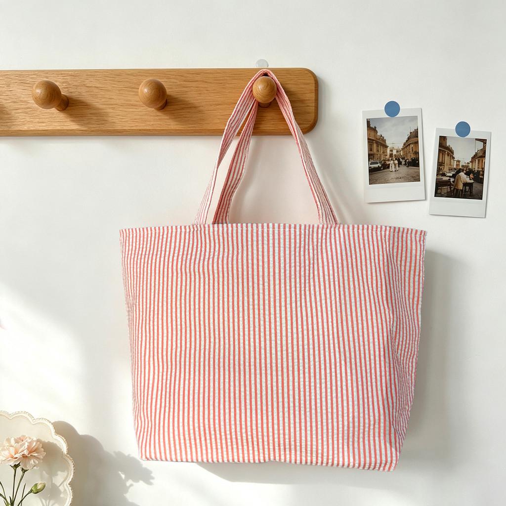Striped Bag For Women Large Capacity Retro Casual Polyester Fashion Handbag For Daily Use